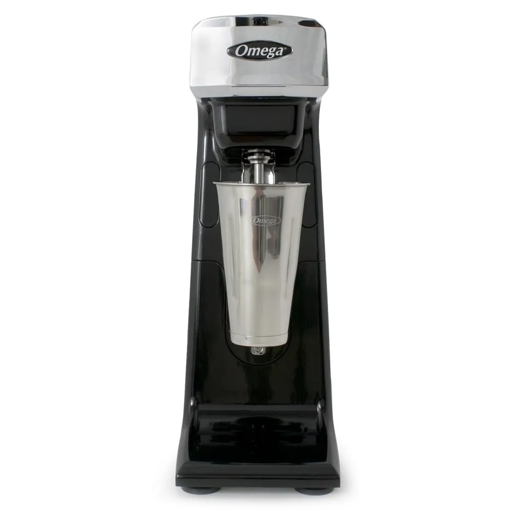 Omega Juicer black single spindle commercial milkshake maker for diner or cafe beverage stations, delivering reliable performance daily.
