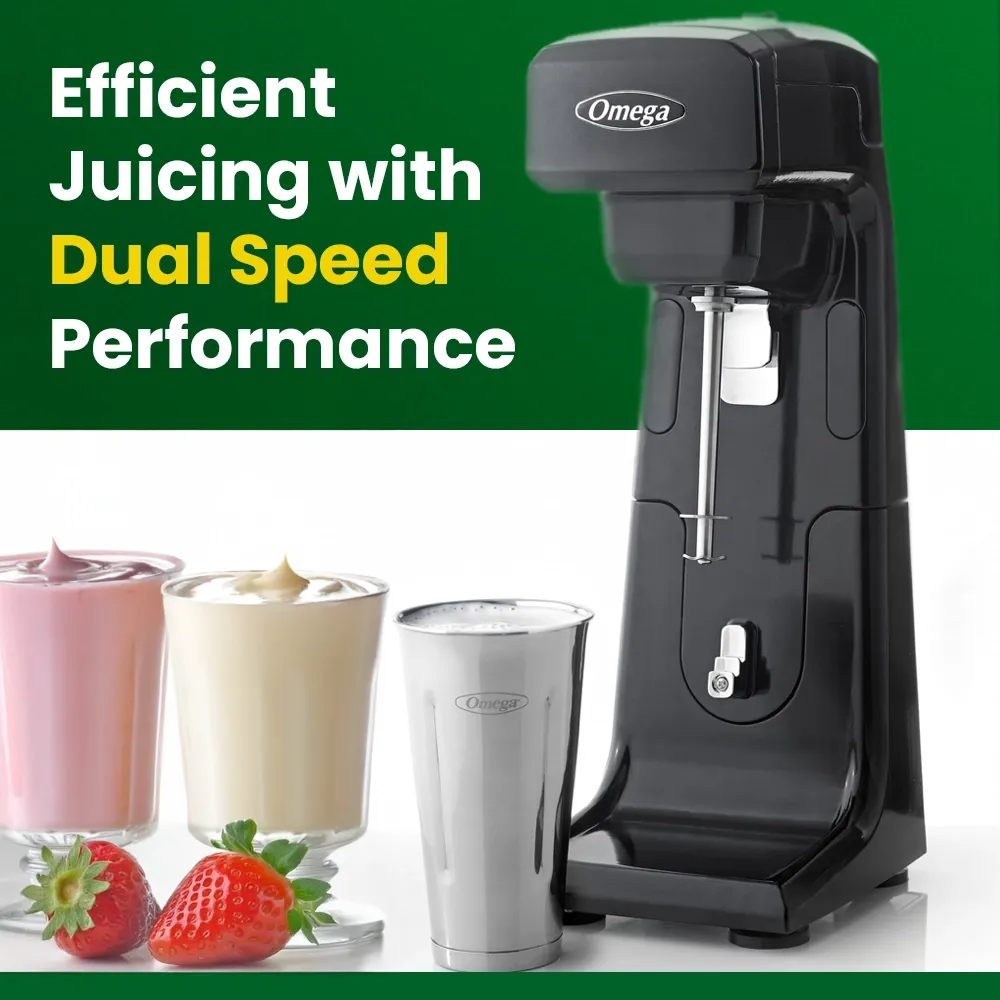 Omega Juicer black single spindle commercial milkshake maker for diner or cafe beverage stations, delivering reliable performance daily.