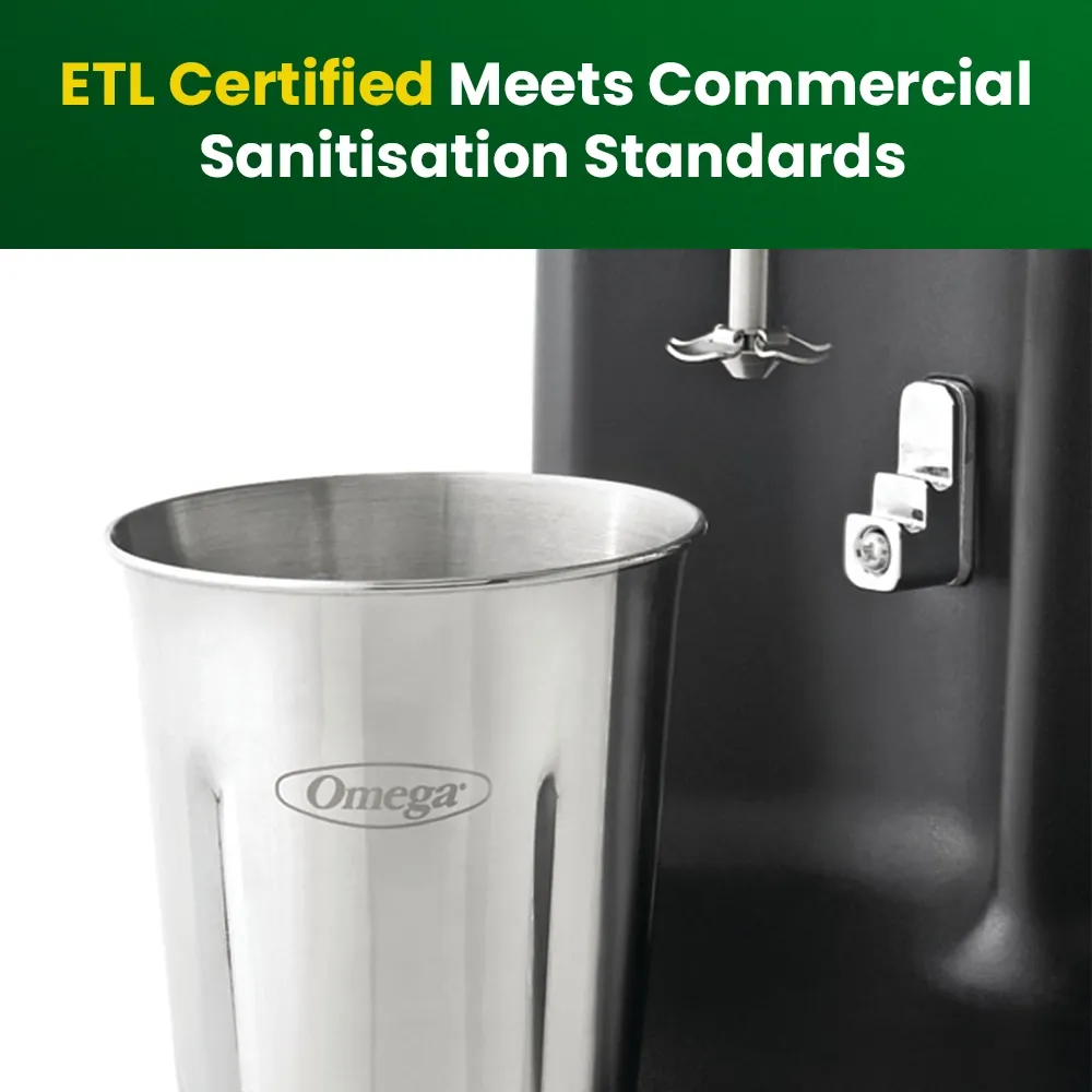 Omega Juicer black single spindle commercial milkshake maker for diner or cafe beverage stations, delivering reliable performance daily.