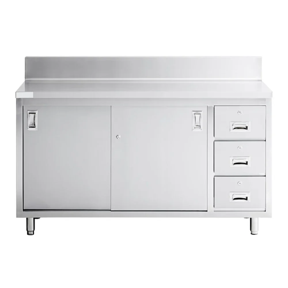 24" x 60" 16 Gauge 304 Stainless Steel Enclosed Base Sliding Door Table with Drawers and 6" Backsplash