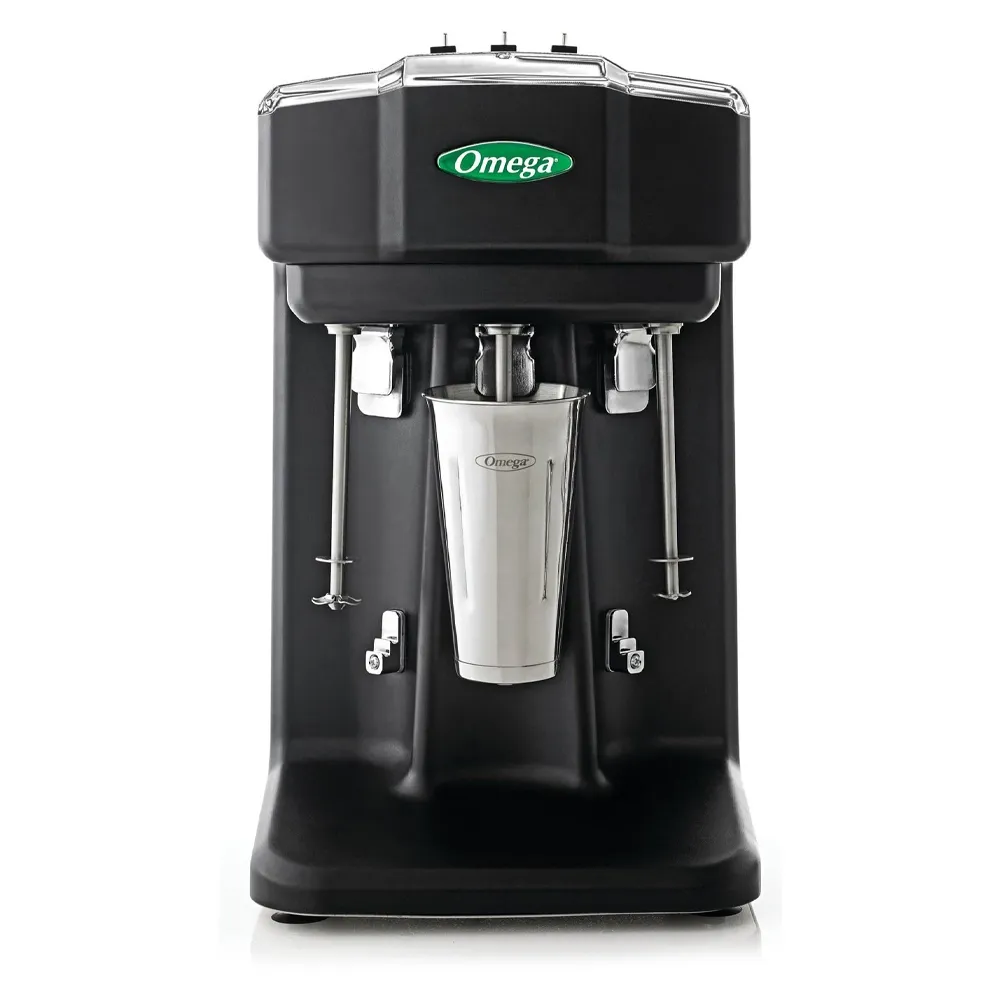 Omega Juicer black commercial drink mixer with three spindle blending heads and central stainless steel mixing cup for cold beverages.