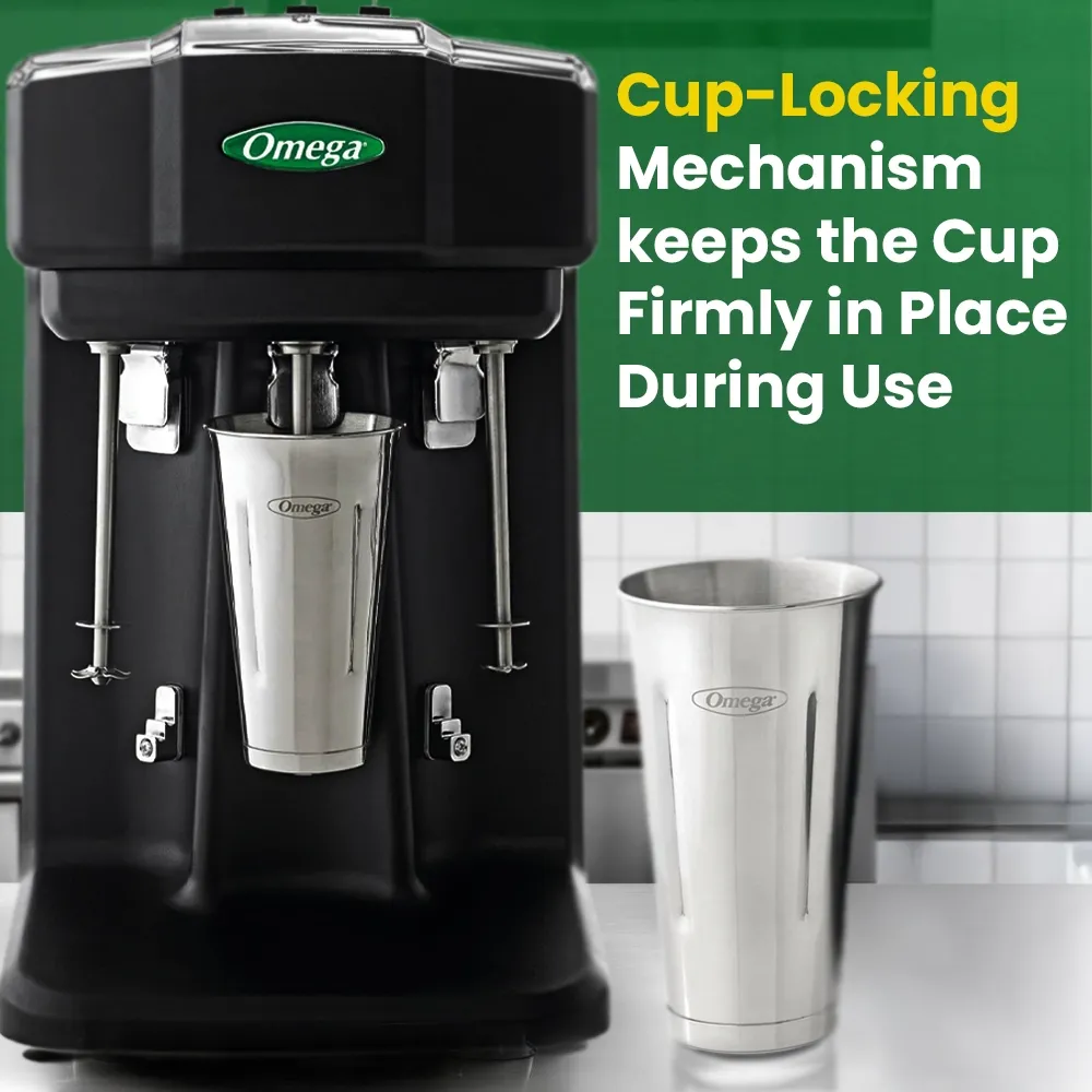 Omega Juicer black commercial drink mixer with three spindle blending heads and central stainless steel mixing cup for cold beverages.