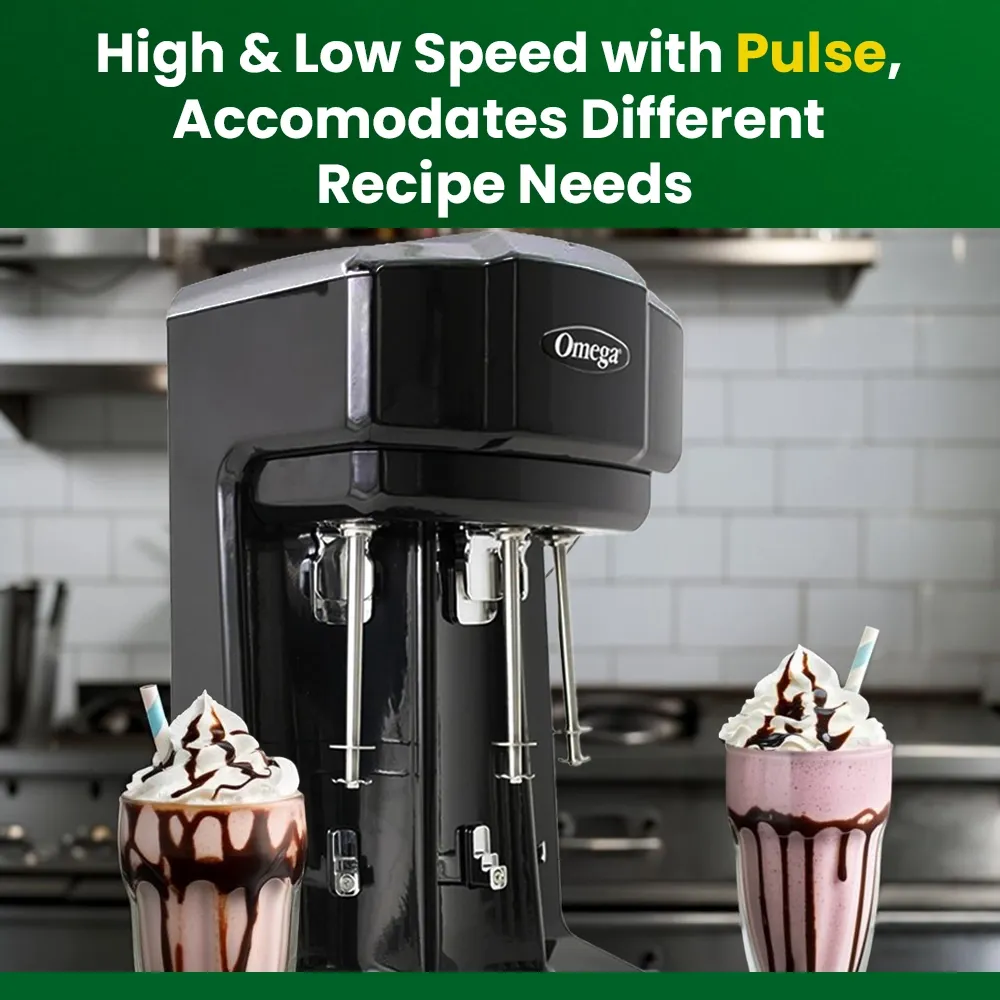 Omega Juicer black commercial drink mixer with three spindle blending heads and central stainless steel mixing cup for cold beverages.