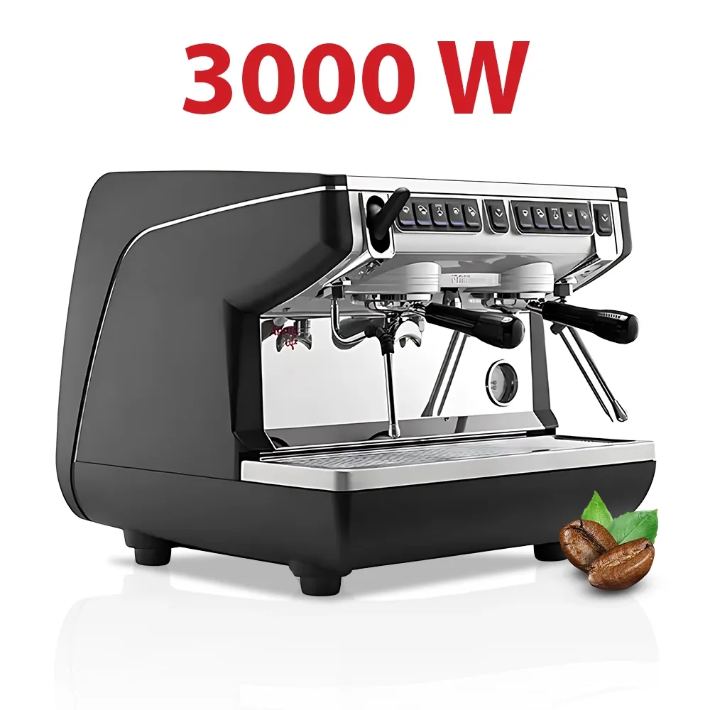 Nuova Simonelli modern matte black compact espresso machine with dual groups and tall cup clearance sits beside pastries and coffee beans.