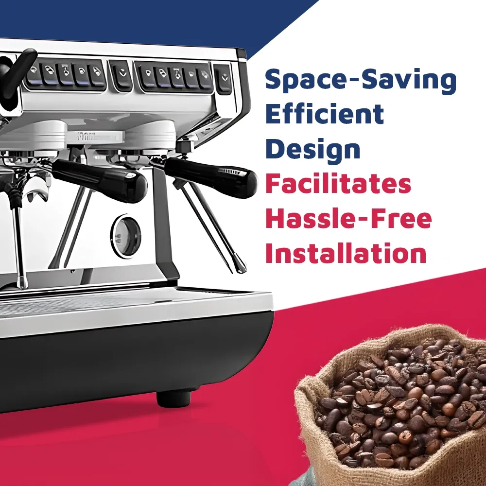 Nuova Simonelli modern matte black compact espresso machine with dual groups and tall cup clearance sits beside pastries and coffee beans.