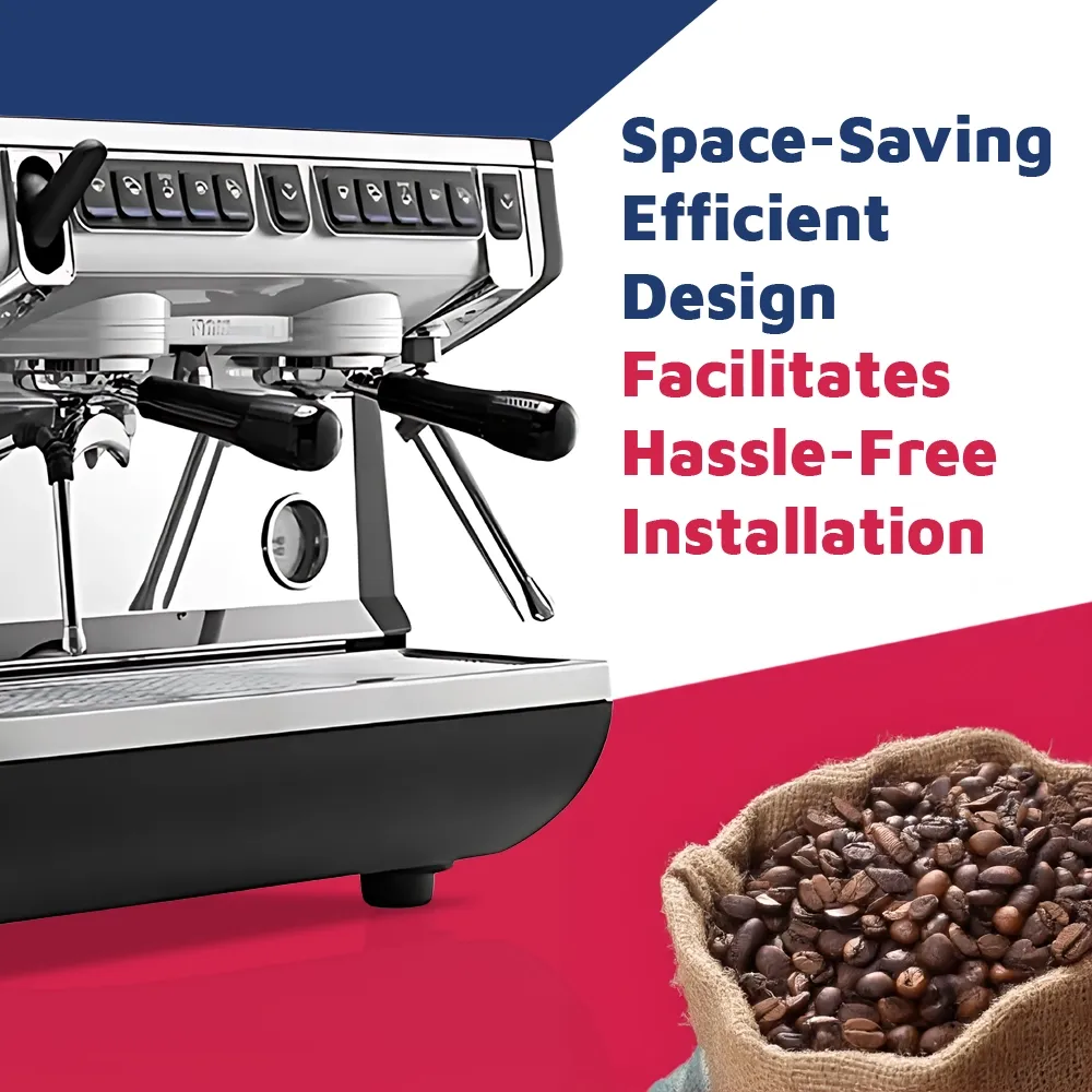 Nuova Simonelli volumetric espresso machine in glossy white with chrome steam wands and digital display sits on granite bar with latte tools.