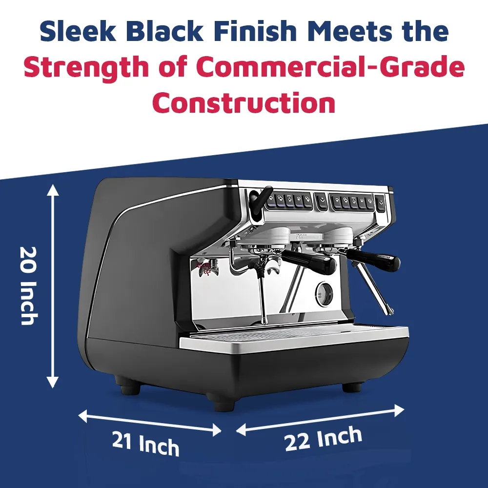 Nuova Simonelli volumetric espresso machine in glossy white with chrome steam wands and digital display sits on granite bar with latte tools.