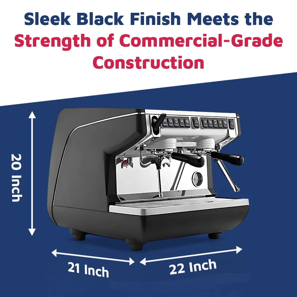 Nuova Simonelli advanced espresso machine with auto steam wand, lit workspace, and stainless body on clean bar with frothing pitcher nearby.