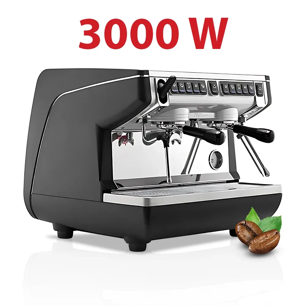 Nuova Simonelli advanced espresso machine with auto steam wand, lit workspace, and stainless body on clean bar with frothing pitcher nearby.