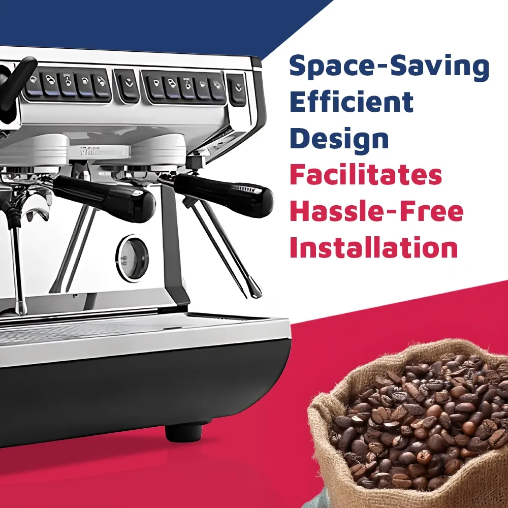 Nuova Simonelli sleek two-group compact espresso machine in brushed steel with autosteam wand placed on a café counter under soft ambient lighting.