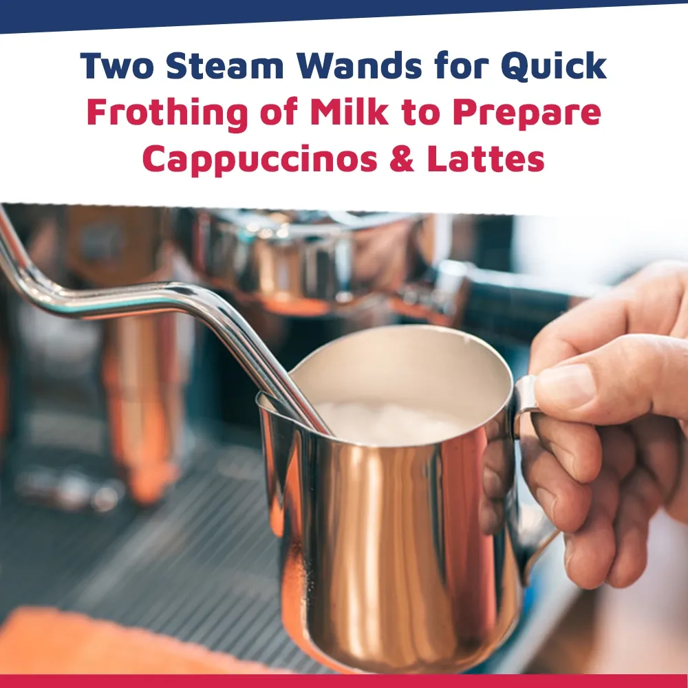 Nuova Simonelli sleek two-group compact espresso machine in brushed steel with autosteam wand placed on a café counter under soft ambient lighting.