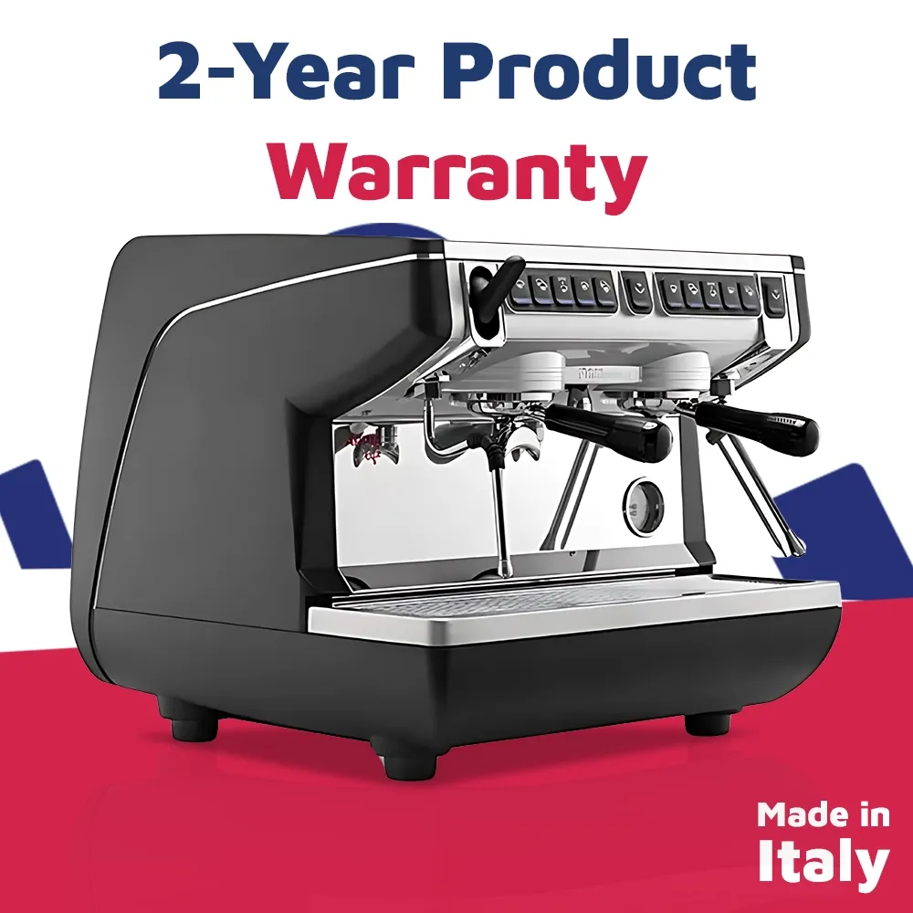 Nuova Simonelli sleek two-group compact espresso machine in brushed steel with autosteam wand placed on a café counter under soft ambient lighting.