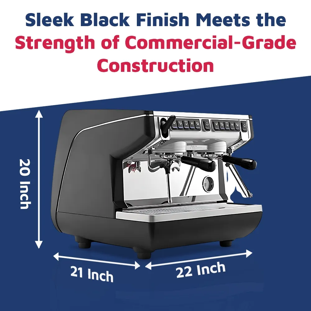 Nuova Simonelli sleek two-group compact espresso machine in brushed steel with autosteam wand placed on a café counter under soft ambient lighting.