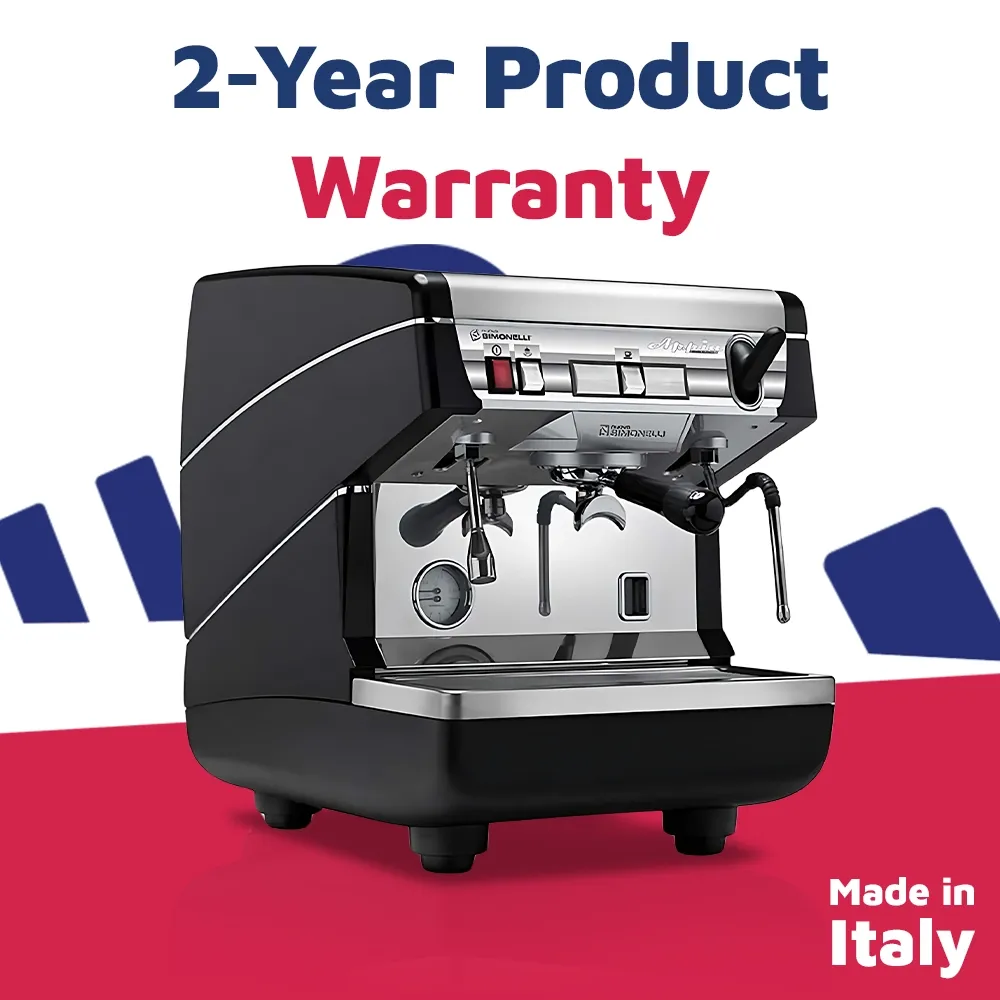 Nuova Simonelli single-group semi-auto espresso machine in brushed stainless steel with levers and compact design fits neatly beside grinder.