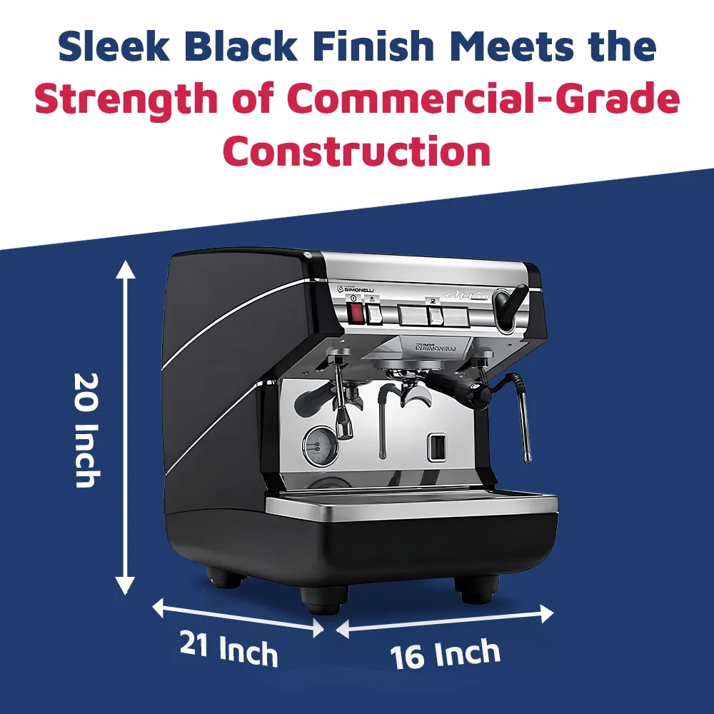 Nuova Simonelli single-group semi-auto espresso machine in brushed stainless steel with levers and compact design fits neatly beside grinder.