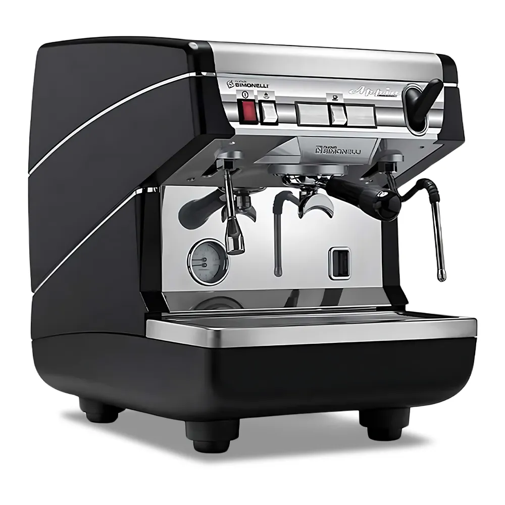 Nuova Simonelli single-group semi-auto espresso machine in brushed stainless steel with levers and compact design fits neatly beside grinder.