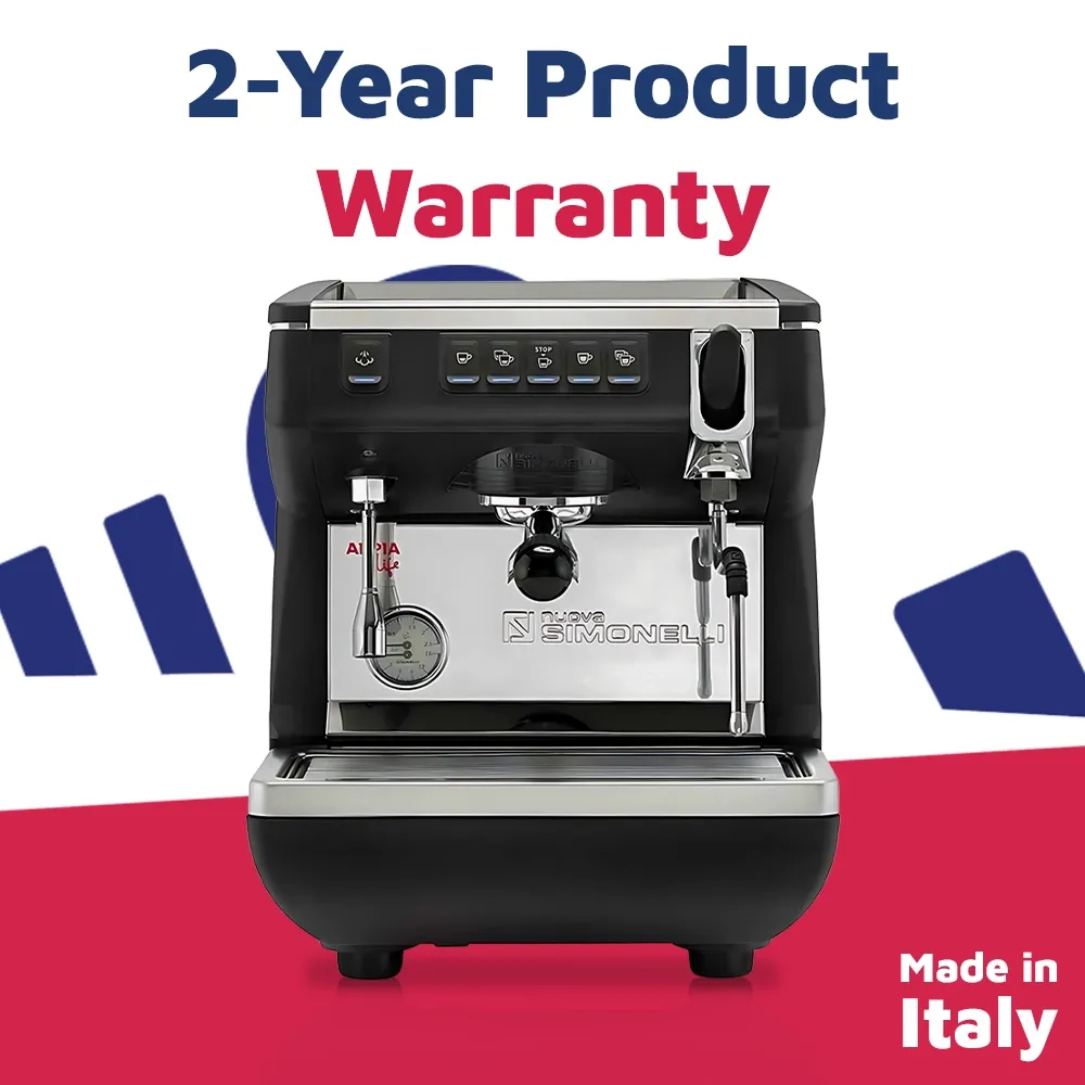 Nuova Simonelli contemporary volumetric espresso machine with LED display, chrome accents, and drip tray on quartz counter for precise shots.