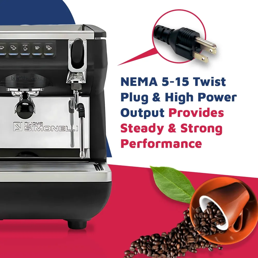 Nuova Simonelli contemporary volumetric espresso machine with LED display, chrome accents, and drip tray on quartz counter for precise shots.