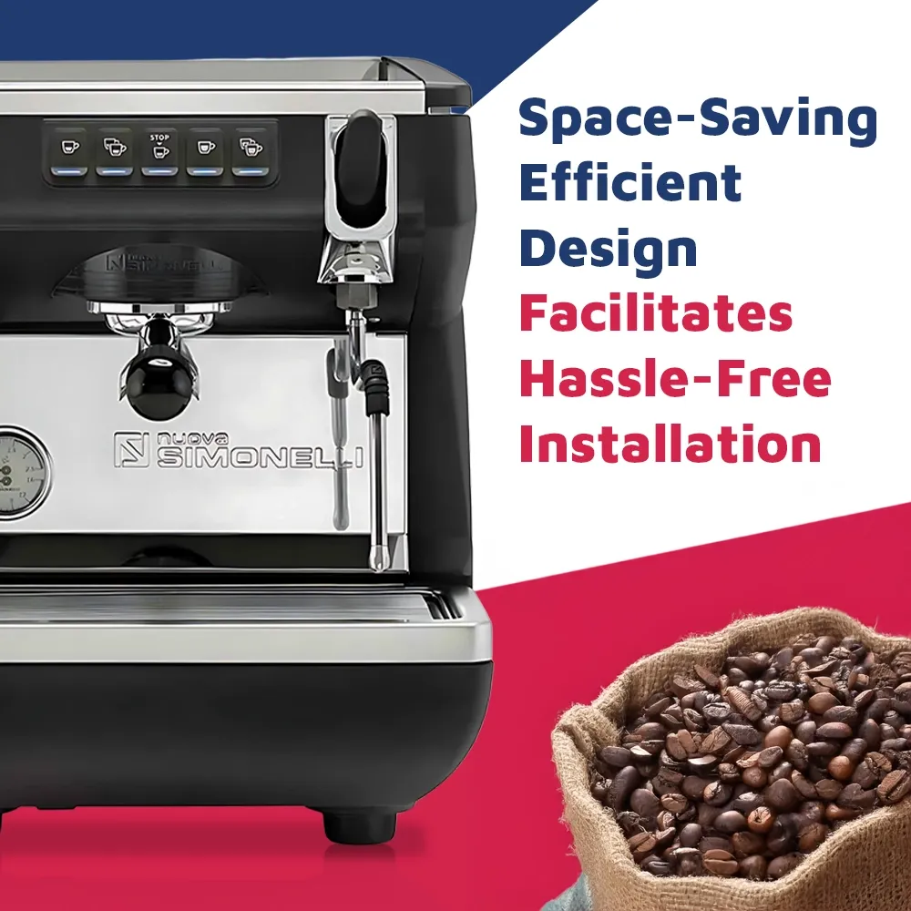 Nuova Simonelli contemporary volumetric espresso machine with LED display, chrome accents, and drip tray on quartz counter for precise shots.