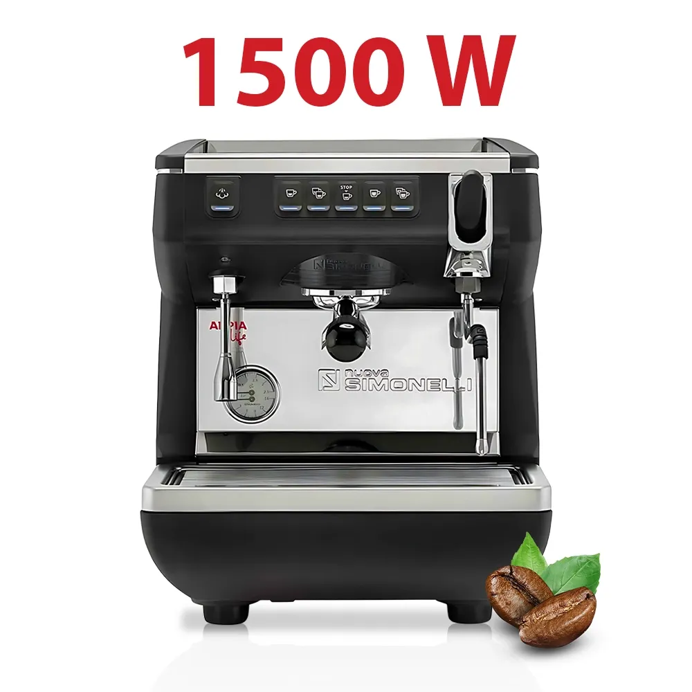 Nuova Simonelli contemporary volumetric espresso machine with LED display, chrome accents, and drip tray on quartz counter for precise shots.
