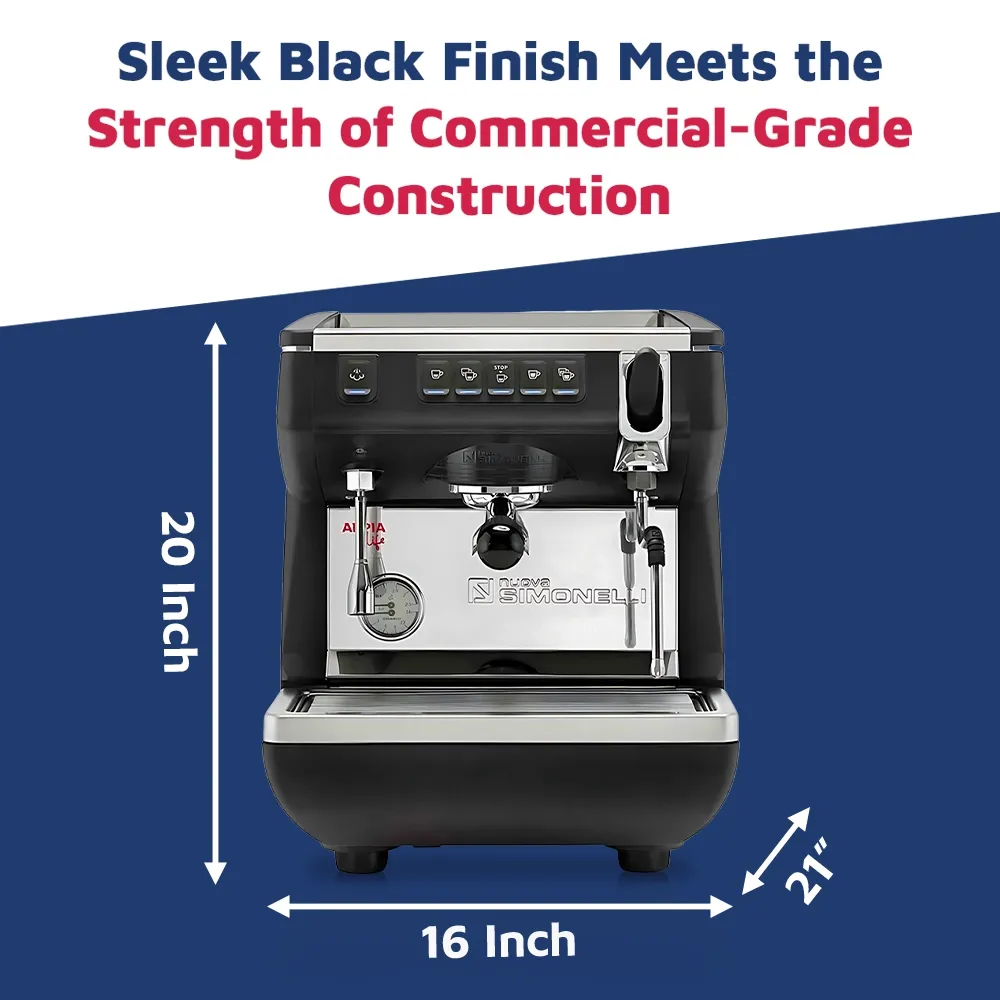 Nuova Simonelli contemporary volumetric espresso machine with LED display, chrome accents, and drip tray on quartz counter for precise shots.