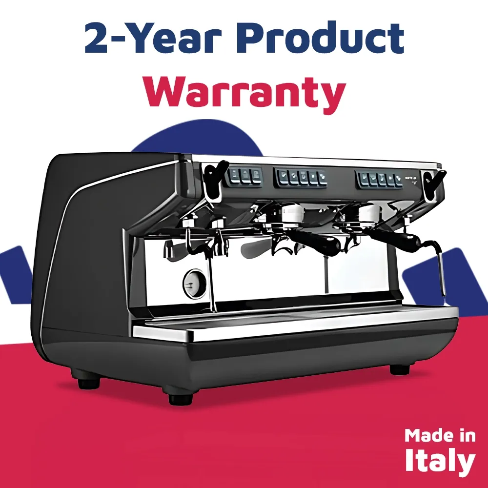 Nuova Simonelli matte black dual-group espresso machine with chrome touches, LED controls, and steam wands on stainless counter for rich crema.