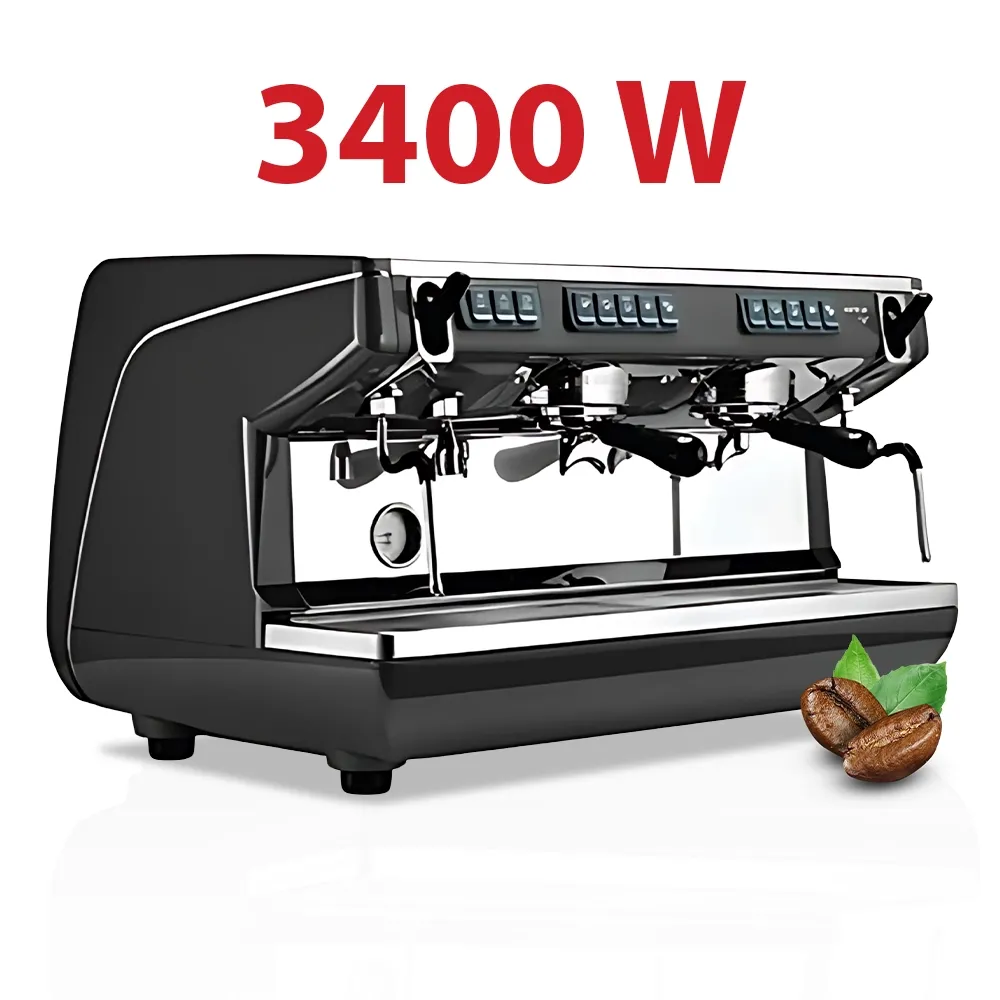Nuova Simonelli matte black dual-group espresso machine with chrome touches, LED controls, and steam wands on stainless counter for rich crema.