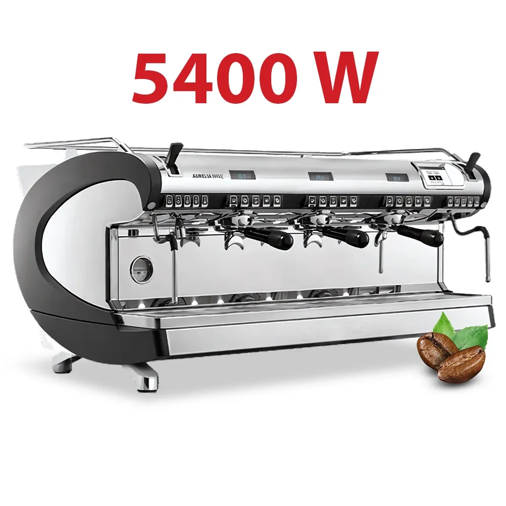 Nuova Simonelli three-group espresso machine in stainless steel with digital display delivers programmable shots and easy cleaning in cafés.