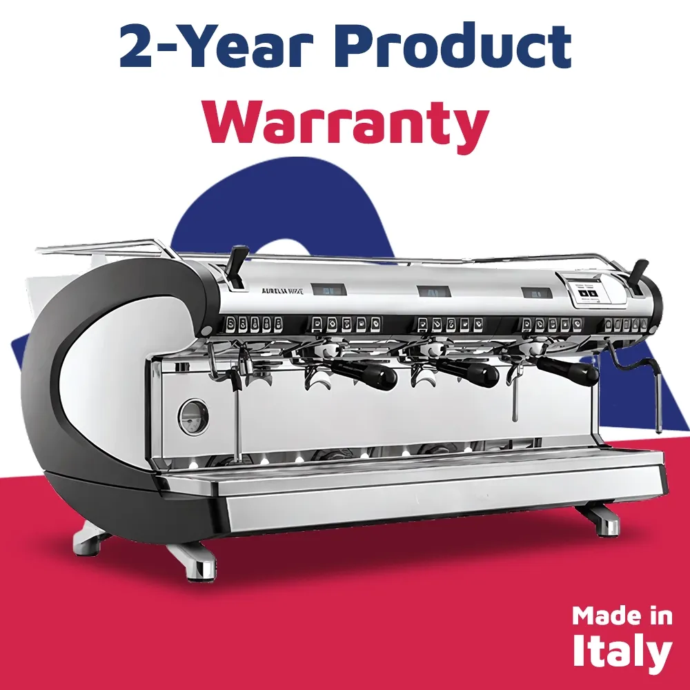 Nuova Simonelli three-group espresso machine in stainless steel with digital display delivers programmable shots and easy cleaning in cafés.