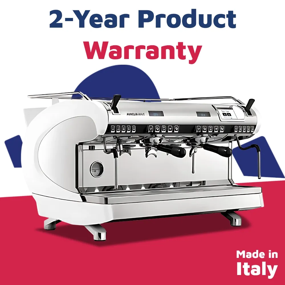 Nuova Simonelli two-group volume control espresso machine in stainless steel with precise dosing, user-friendly controls, and compact café design.