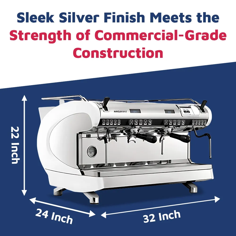 Nuova Simonelli two-group volume control espresso machine in stainless steel with precise dosing, user-friendly controls, and compact café design.