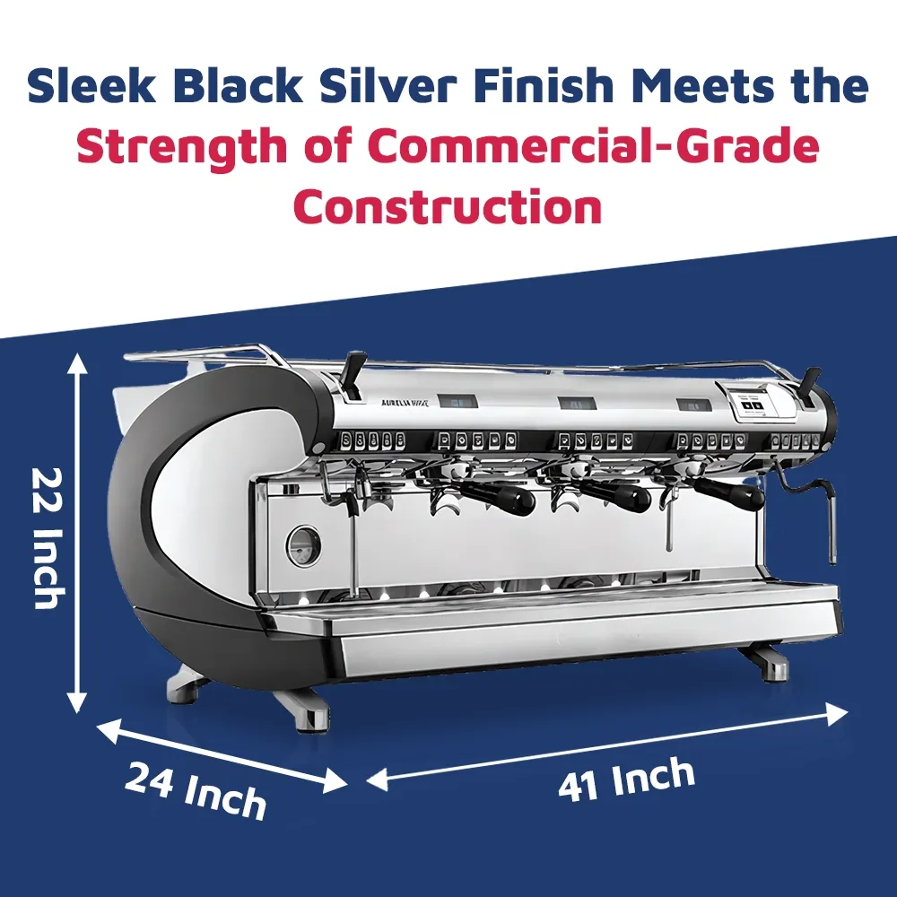 Nuova Simonelli three-group volume control espresso machine in stainless steel delivers accurate dosing and durable performance for high-volume cafés.