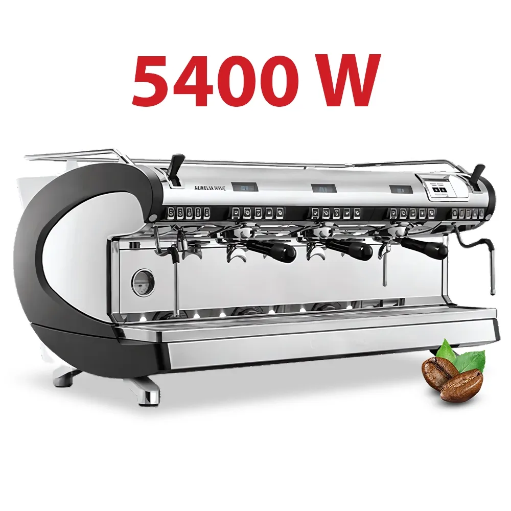 Nuova Simonelli three-group volume control espresso machine in stainless steel delivers accurate dosing and durable performance for high-volume cafés.