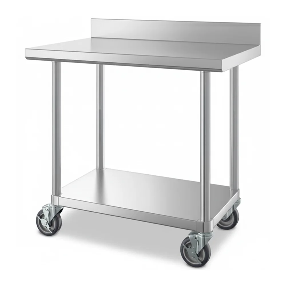 24" x 36" 16-Gauge Commercial Work Table with 4" Backsplash, Undershelf and Casters, 304 Stainless Steel