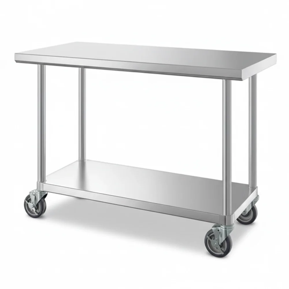 24" x 48" 16-Gauge Commercial Work Table with Undershelf and Casters, 304 Stainless Steel