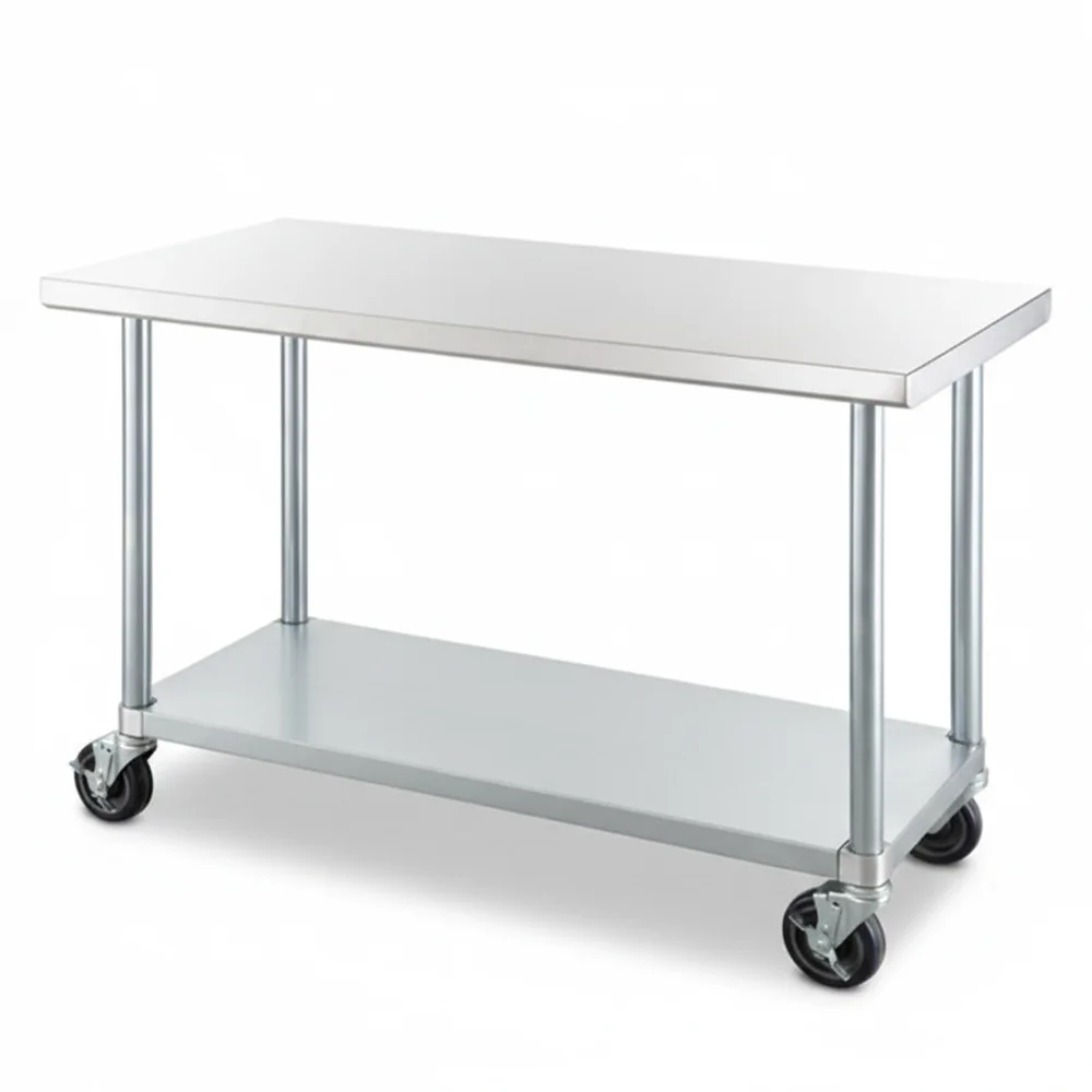 24" x 48" 18 Gauge Commercial Work Table with Galvanized Legs, Undershelf, and Casters, 304 Stainless Steel