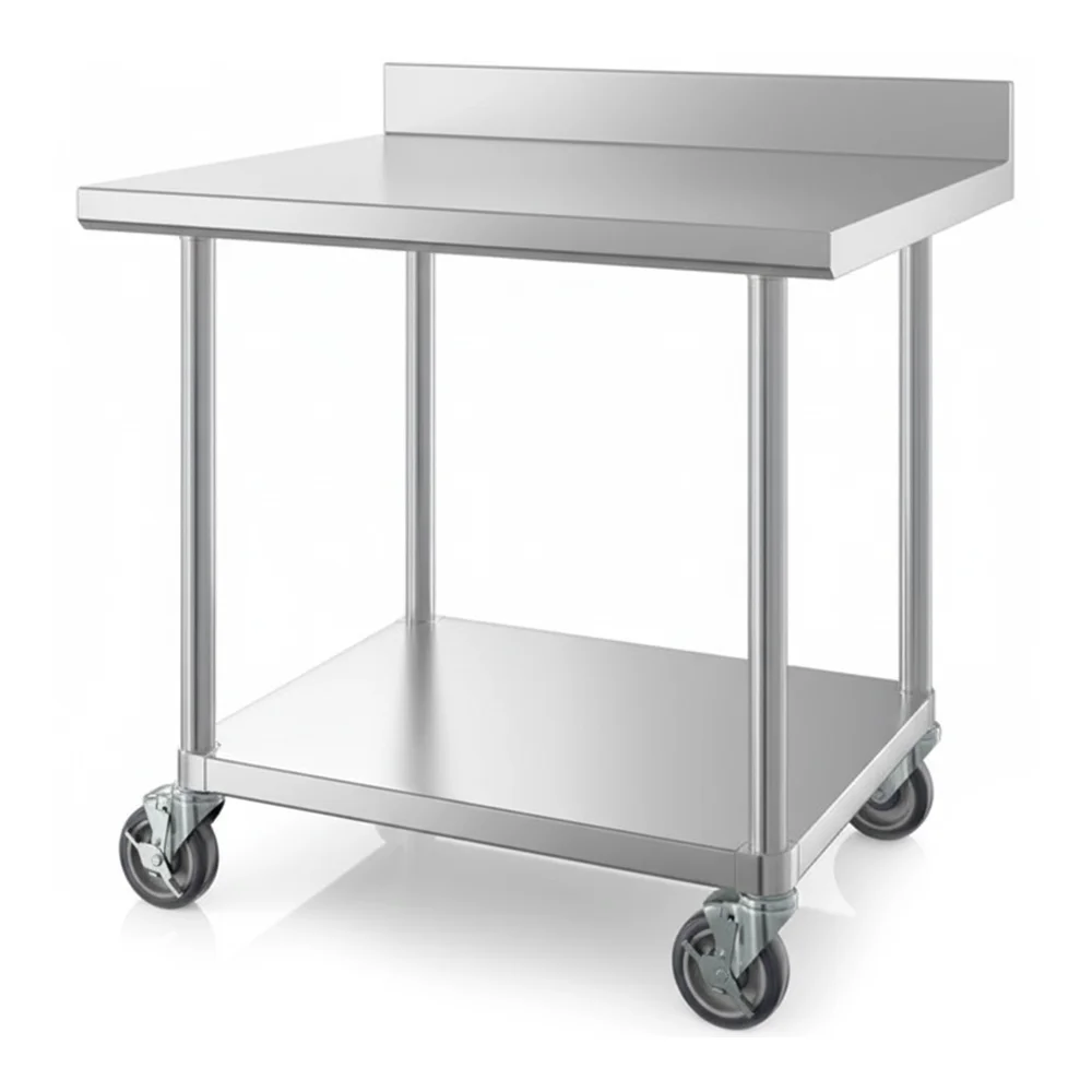 30" x 36" 16-Gauge Commercial Work Table with 4" Backsplash, Undershelf and Casters, 304 Stainless Steel
