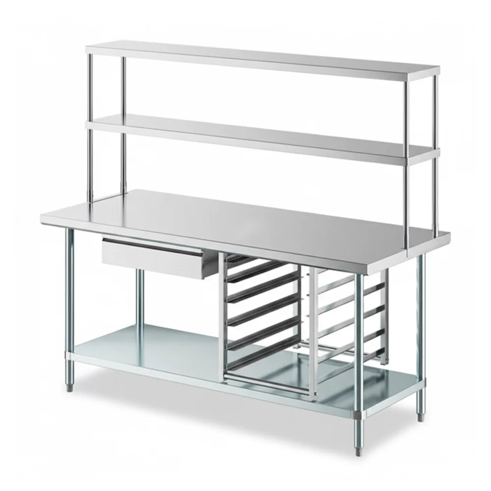 30" x 72" 18 Gauge Commercial Work Table with Undershelf, 12" Overshelf, Drawer, Pot Rack, and Bun Pan Rack, 304 Stainless Steel