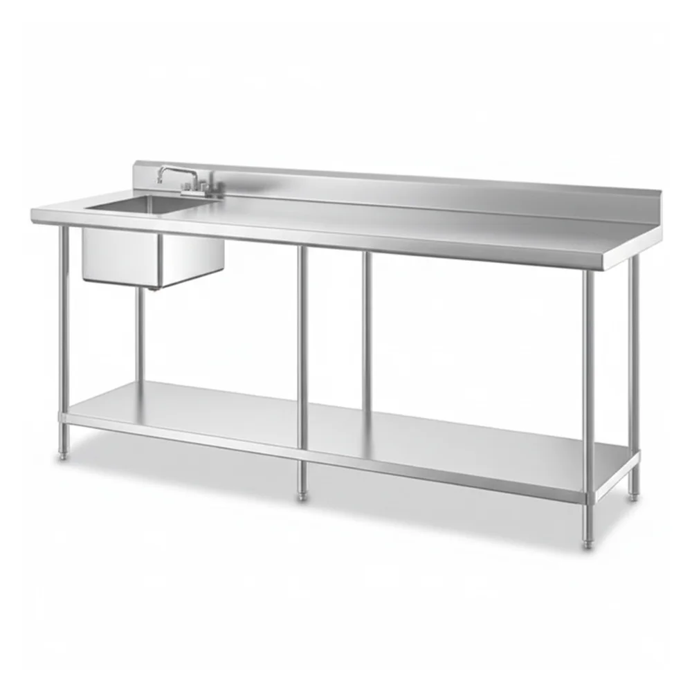 30" x 96" 16 Gauge Work Table with Right Sink, 304 Stainless Steel