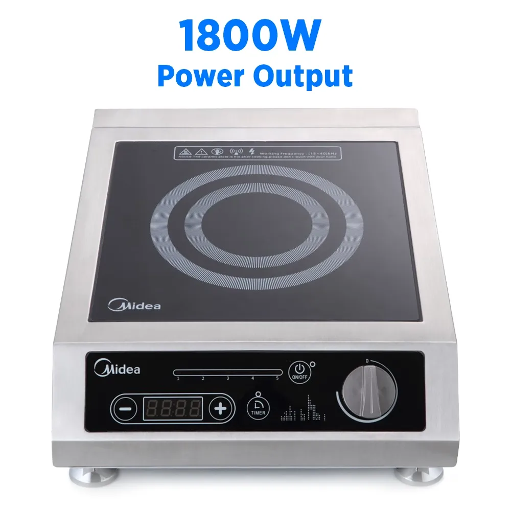 Midea countertop induction cooker with thermostatic controls, one thousand eight hundred watt, fourteen point two inch, stainless steel, efficient solution.