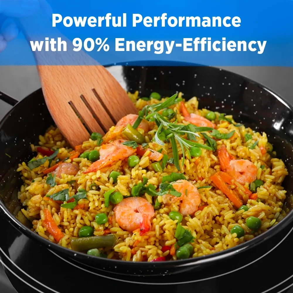 Midea countertop induction cooker with thermostatic controls, one thousand eight hundred watt, fourteen point two inch, stainless steel, efficient solution.