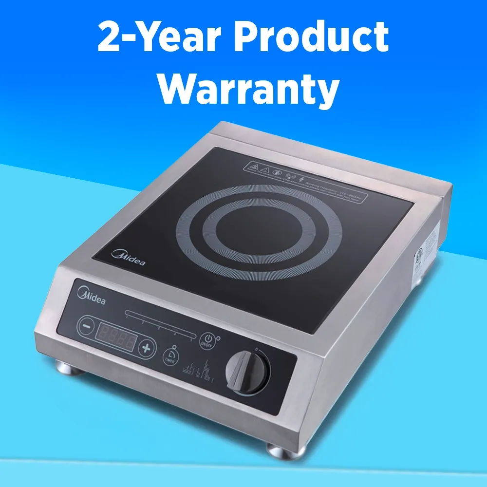 Midea countertop induction cooker with thermostatic controls, one thousand eight hundred watt, fourteen point two inch, stainless steel, efficient solution.