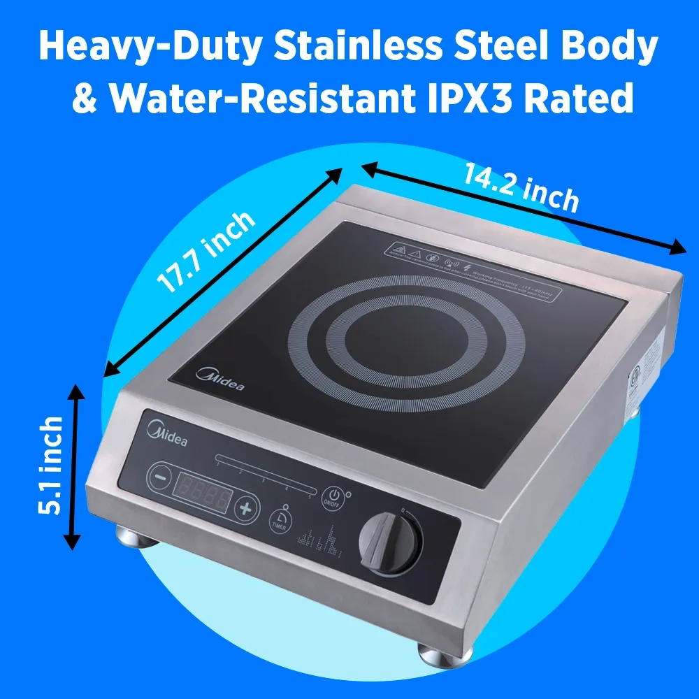 Midea countertop induction cooker with thermostatic controls, one thousand eight hundred watt, fourteen point two inch, stainless steel, efficient solution.