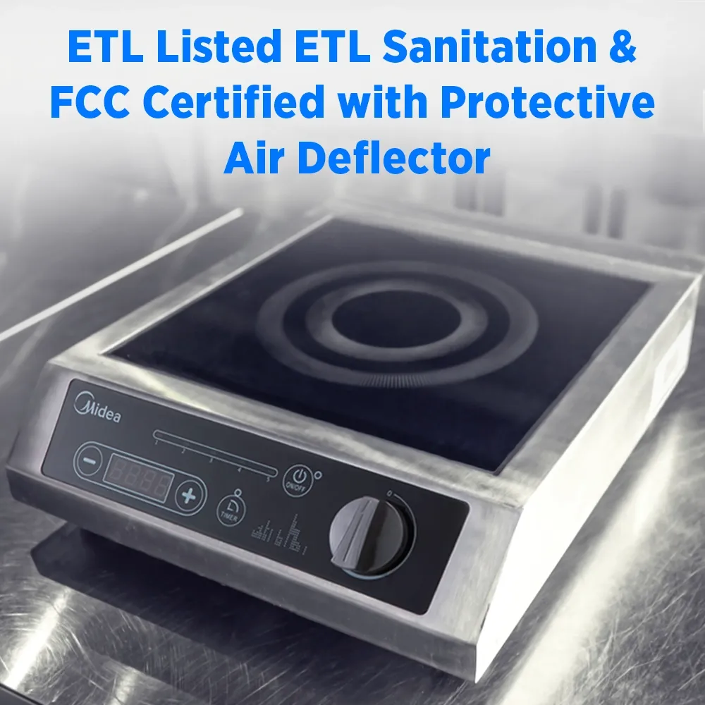 Midea countertop induction cooker with thermostatic controls, one thousand eight hundred watt, fourteen point two inch, stainless steel, efficient solution.