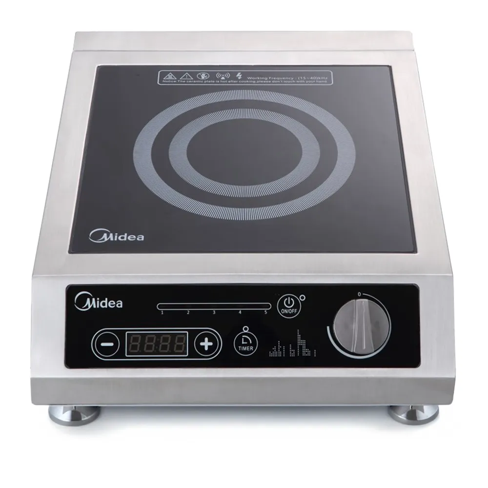 Midea countertop induction cooker with thermostatic controls, one thousand eight hundred watt, fourteen point two inch, stainless steel, efficient solution.