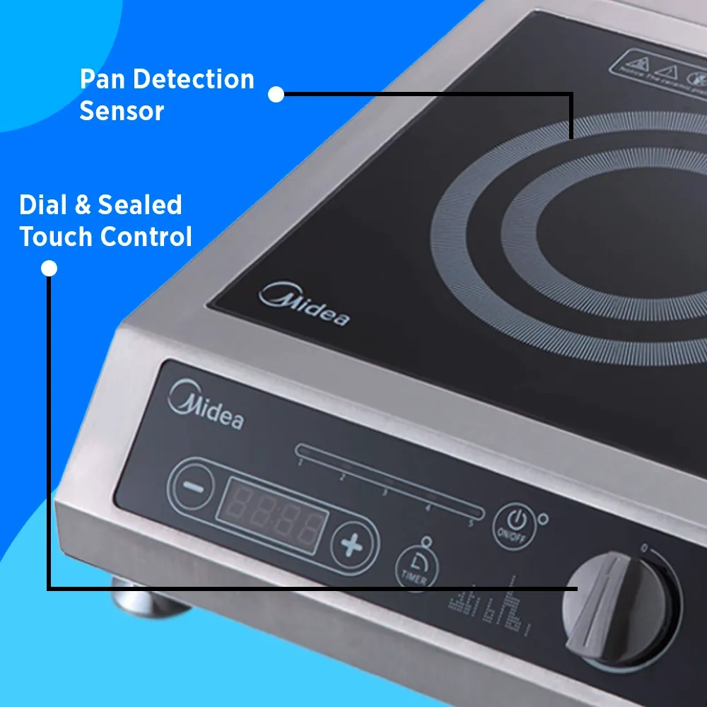 Midea countertop induction cooker with thermostatic controls, one thousand eight hundred watt, fourteen point two inch, stainless steel, efficient solution.