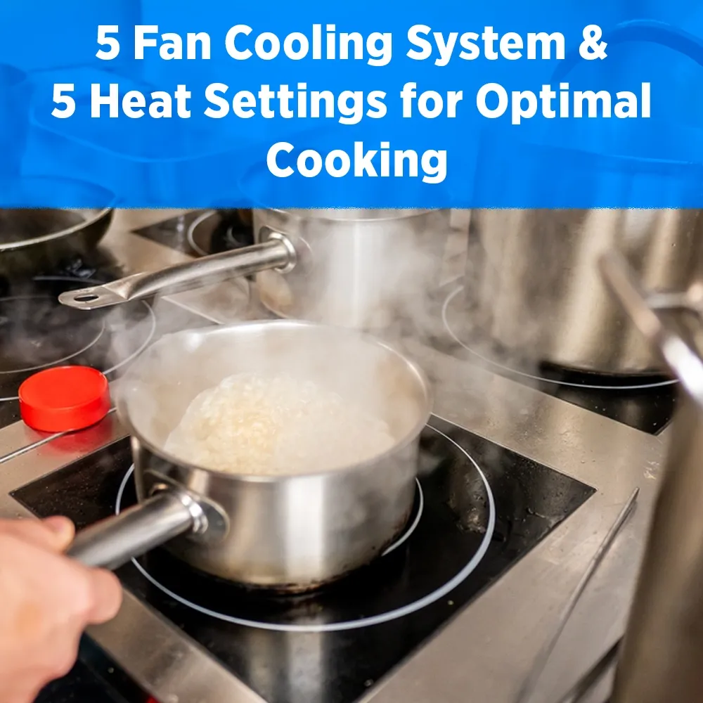 Midea single hob countertop induction cooker with thermostatic controls, four hundred watt, fourteen point two inch, stainless steel, for precision cooking.