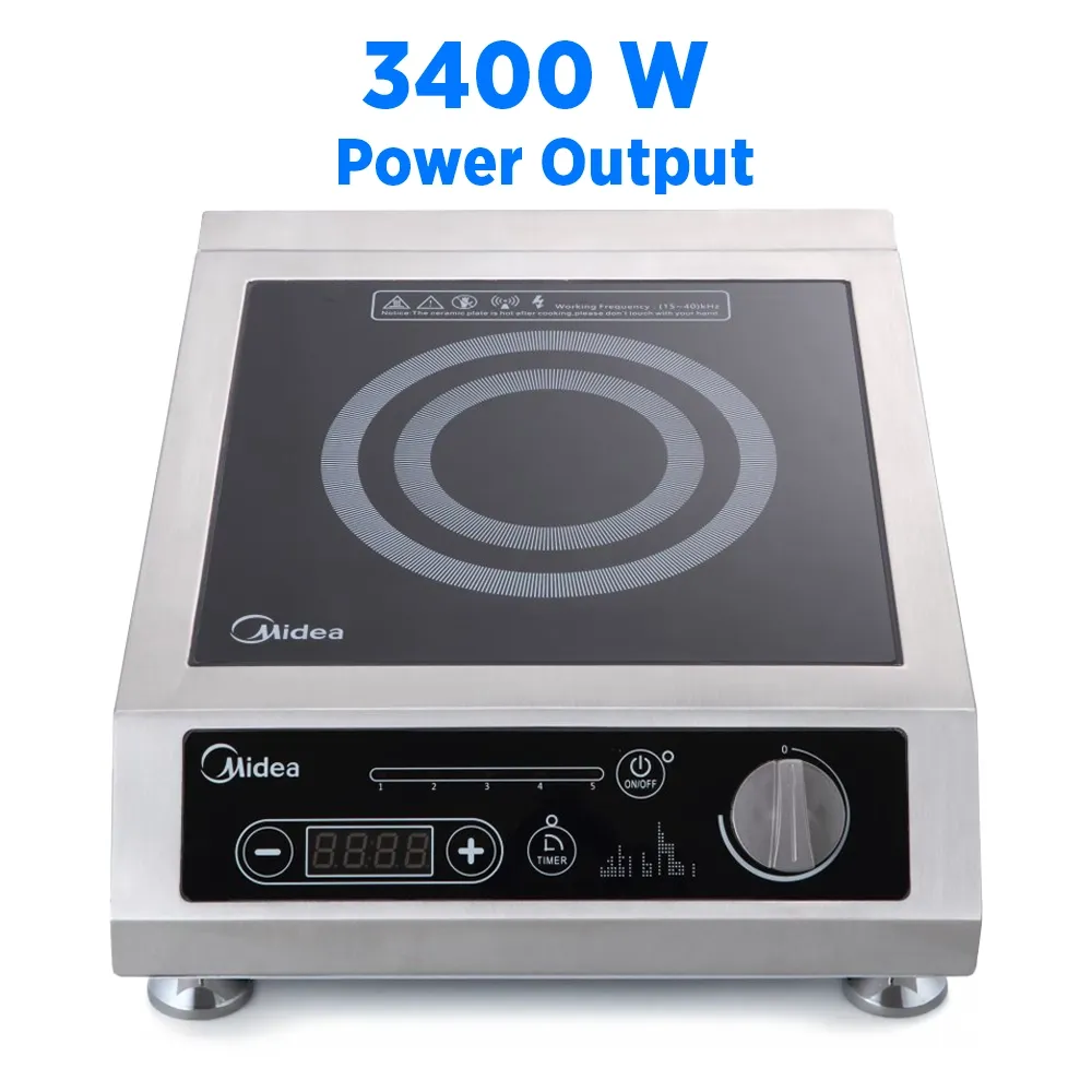 Midea single hob countertop induction cooker with thermostatic controls, four hundred watt, fourteen point two inch, stainless steel, for precision cooking.