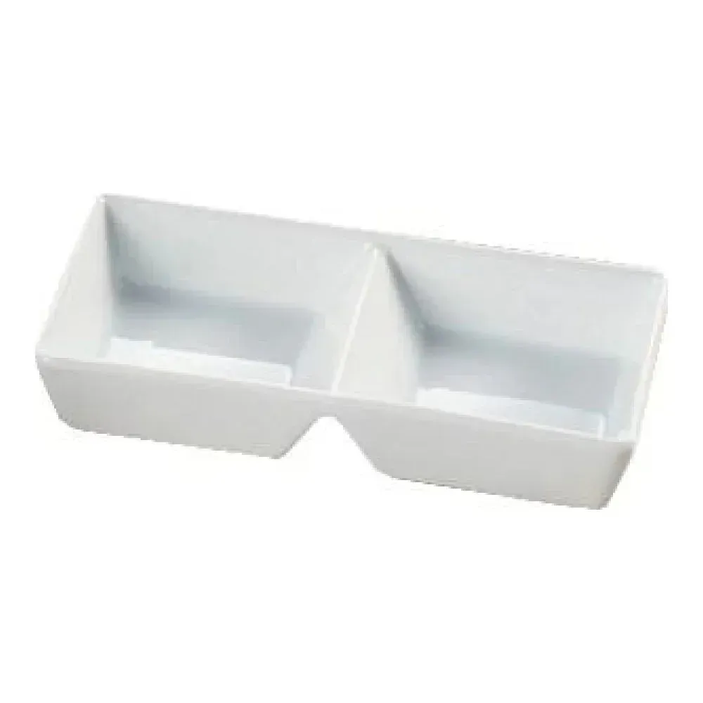White two-divided rectangular tray by Yanco China, ideal for hotel and restaurant side dish sharing, café platter, and buffet presentation.