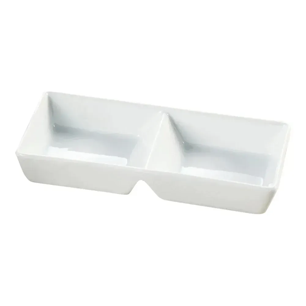 White two-divided rectangular tray by Yanco China, medium size for hotel and restaurant appetizer sharing, café platter, and buffet service.